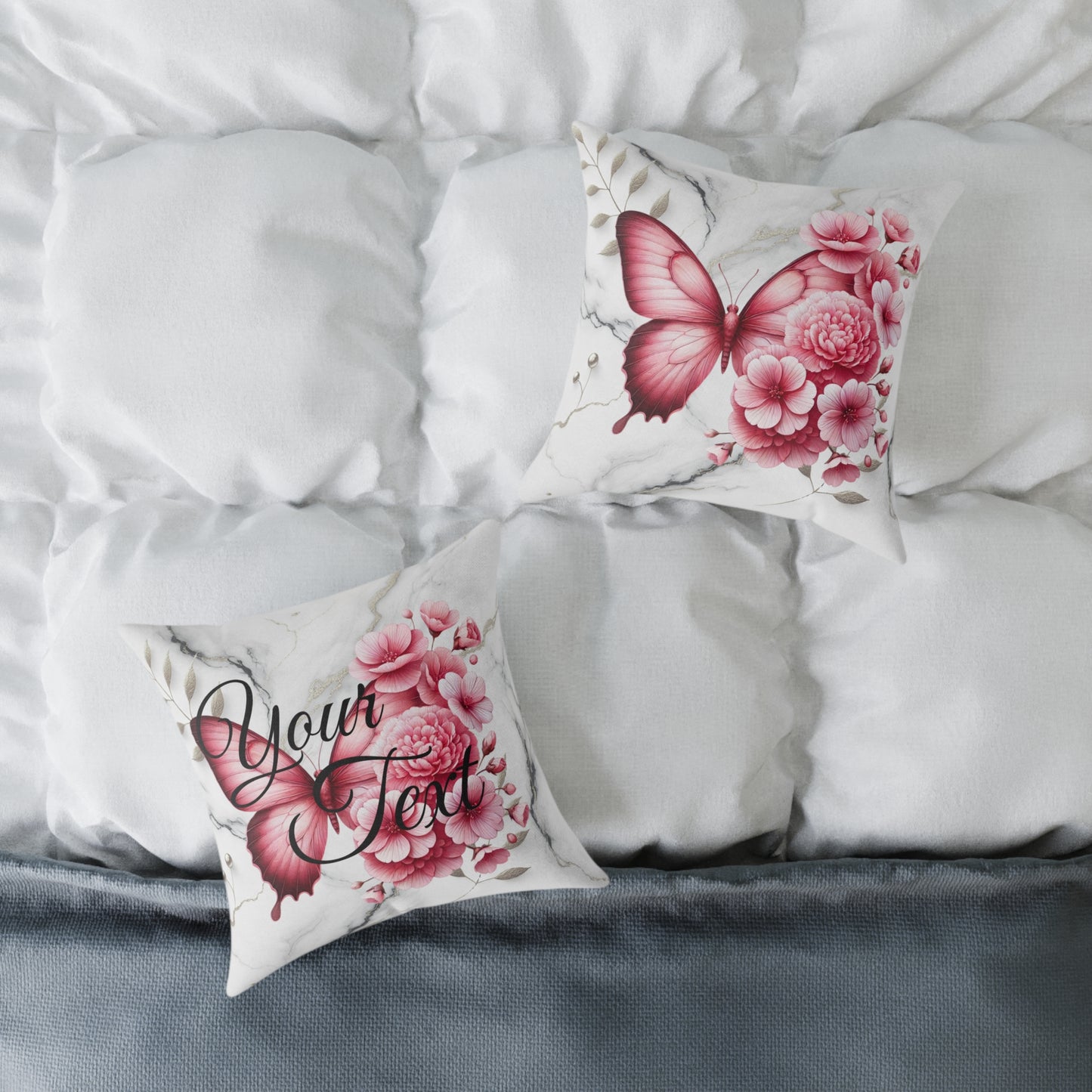 Personalized Floral Butterfly Pillow - Custom Square Poly Canvas Cushion