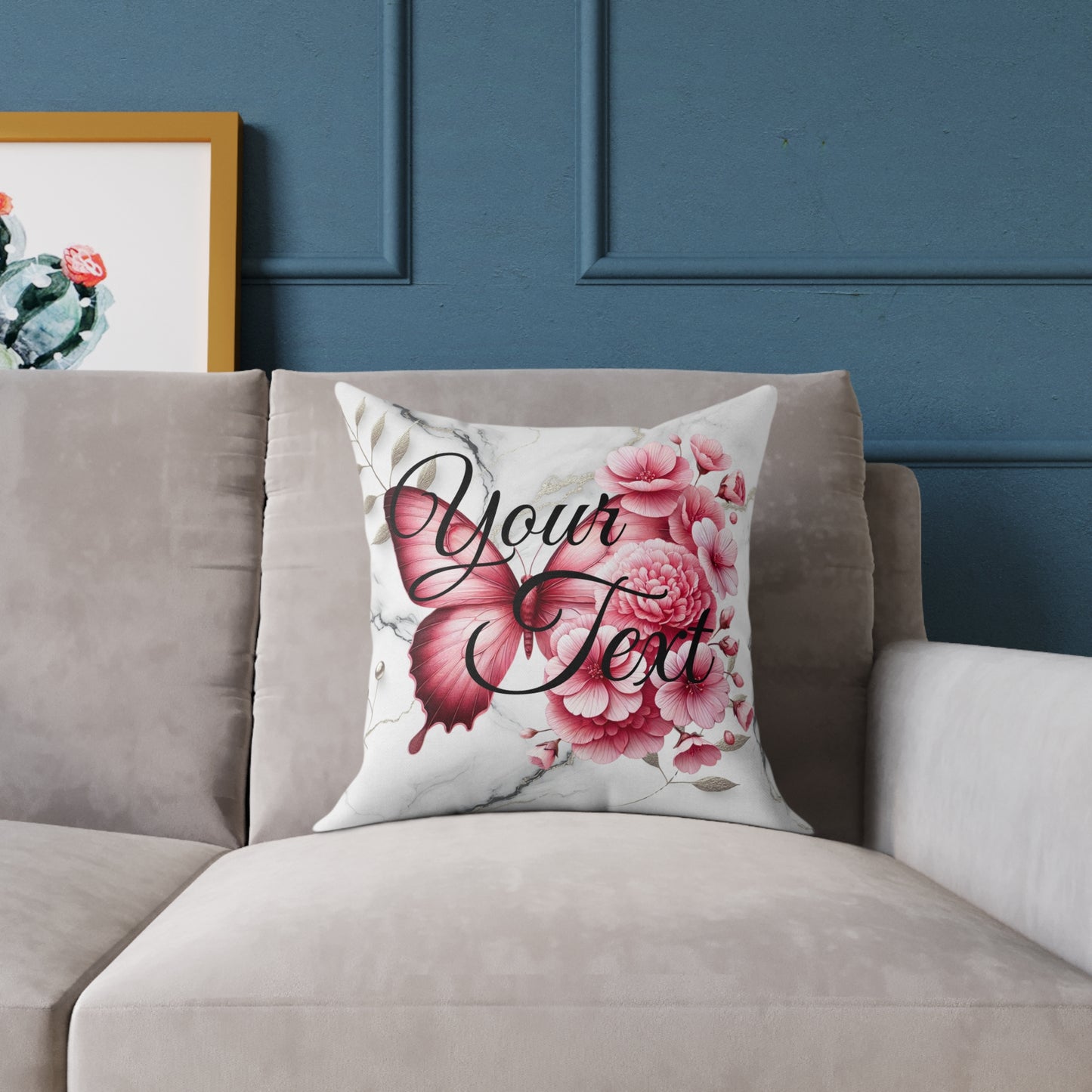 Personalized Floral Butterfly Pillow - Custom Square Poly Canvas Cushion